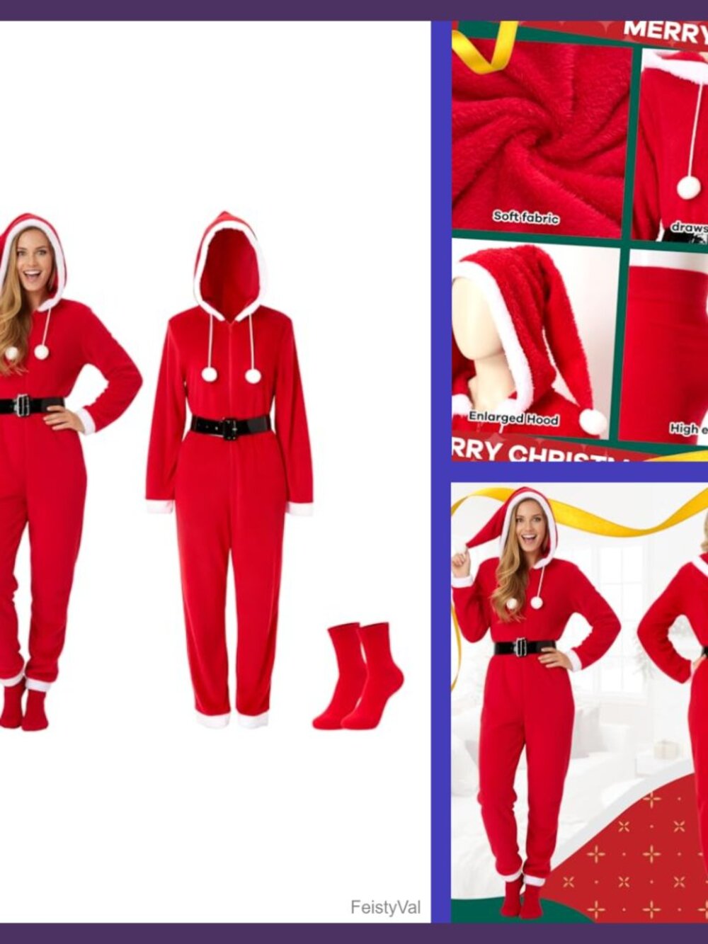 Adult Santa One-Piece Pajama Set with Hat Socks Belt Coral Fleece Cosplay
